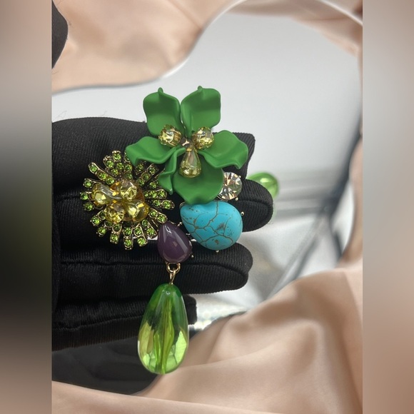 Green Floral Drop Earrings with Crystals and Stones” - Picture 5 of 8